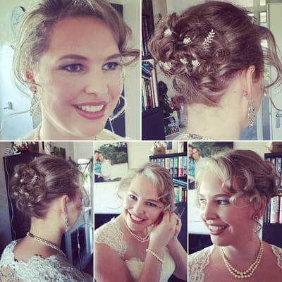 Collage van een bruid: make-up en opgestoken kapsel vanuit verschillende kanten.