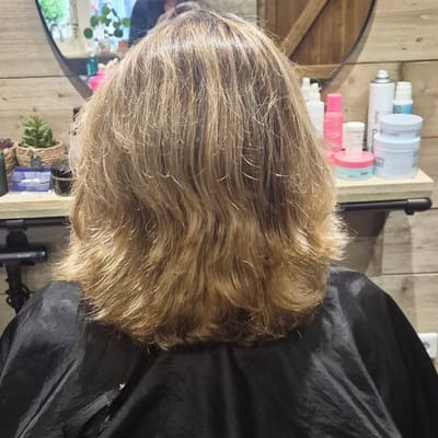 Voor: halflang blond haar met een lichte slag, van achteren gezien.